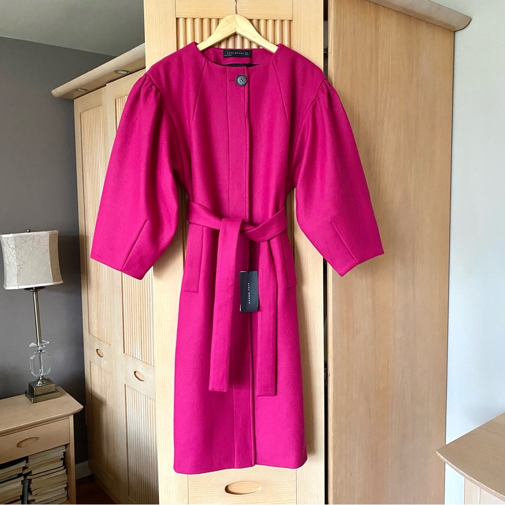 Zara puff sleeve wool blend belted coat fuchsia pink